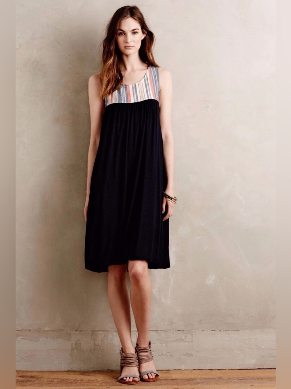 Anthropologie Porridge Cayucos Bubble Hem Dress - Navy Blue & Stripes - Medium